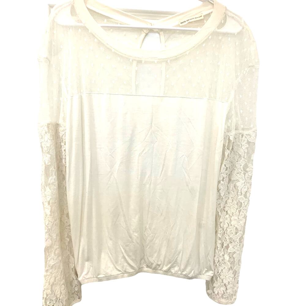 Haute Society Sheer Blouse XL Ivory  Lace Sleeves Mesh Lined Elegant Fairy Soft